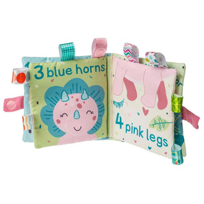 Mary Meyers Aroarasaurus Soft Book: Triceratops-themed with 3 blue horns & Taggies ribbons—ideal for bedtime tales and tactile play.
