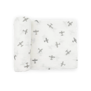 Little Unicorn Organic Cotton Muslin Swaddle - Pewter Planes: gray airplane print on white, GOTS certified organic cotton.