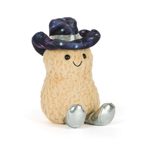 Jellycat Amuseables Peanut Space Rodeo smiles as Chief Mischief Officer in silver boots and a galaxy cowboy hat.