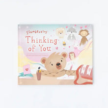 Load image into Gallery viewer, Slumberkins Thinking of You book: Honey Bear writes Valentines cards, surrounded by animal friends.
