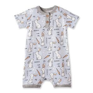Romper, Cottontail Crew: light gray short sleeve romper with henley style buttons, with white bunny & orange carrot pattern.