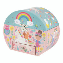 Load image into Gallery viewer, The Floss and Rock Musical Jewelry Box, Rainbow Fairy features a pastel box with clouds, unicorns, a girl in pink, and floral designs.
