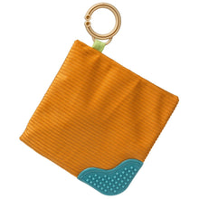 Load image into Gallery viewer, Mary Meyers Crinkle Teether, Cookie: Textured orange cloth with crinkle, teal silicone corner &amp; beige ring for attachment.
