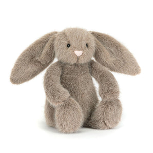Jellycat Flufflet Bunny Fawn sits upright, floppy-eared with black eyes and a pink nose, ready for Flufflet Street Theater.