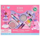 Klee Kids 4-PC Makeup Kit, Berry Icing Fairy: eye shadow, blush, lip shimmers, & brushes in a pink box with character designs.