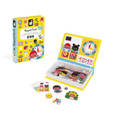 Magnetic Book, Telling Time: photo of yellow book-shaped box showing outside & interior with colorful magnetic toys. 