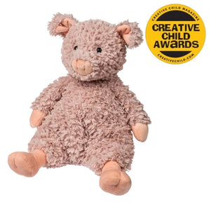Mary Meyer Snuggables Pig: soft, safe for babies, with floppy limbs, shown next to a Creative Child Awards yellow/black badge.