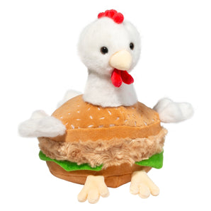 Chicken Sandwich Macaroon: white chicken stuffed animal with red details and light yellow beak and feet wearing sandwich costume.