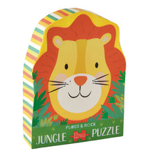 Load image into Gallery viewer, Lion-themed 12 Piece Puzzle by Floss and Rock features colorful stripes, greenery, a smiling lion face, and foiled details.
