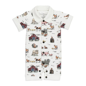 Organic Coverall, Farm Friends: white button down coverall with farm animal & barn pattern; made of 100% organic cotton.