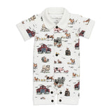 Organic Coverall, Farm Friends: white button down coverall with farm animal & barn pattern; made of 100% organic cotton.