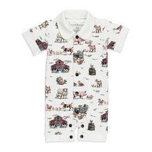 Load image into Gallery viewer, Organic Coverall, Farm Friends: white button down coverall with farm animal &amp; barn pattern; made of 100% organic cotton.
