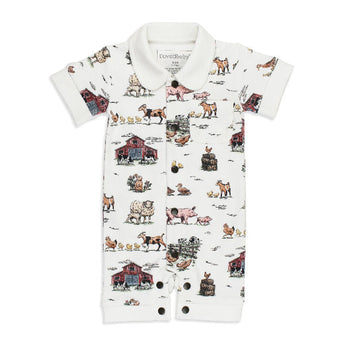Organic Coverall, Farm Friends: white button down coverall with farm animal & barn pattern; made of 100% organic cotton.