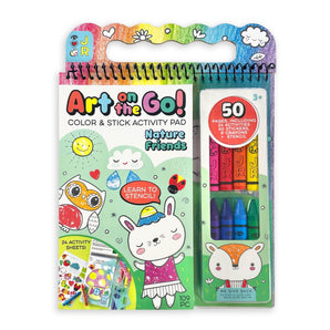Art on the Go! Nature Friends: spiral bound book with colorful designs & crayons; text "Art on the Go! Color & Stick Activity Pad."