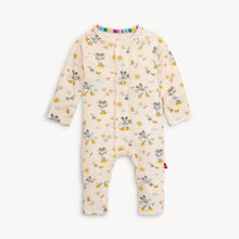 Load image into Gallery viewer, Magnetic Mes Mickeys Brunch Bunch beige onesie features eco-friendly TENCEL™, multicolored animals, rainbow trim, and magnetic closures.
