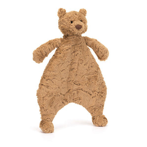 The Jellycat Bartholomew Bear Comforter has floppy arms and legs, standing upright on a white background.