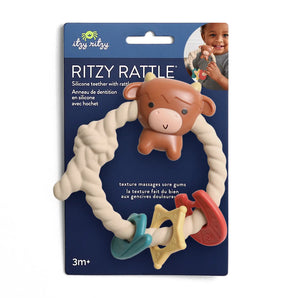 Itzy Ritzy Itzy Rattle, Highland Cow—perfect silicone teether and rattle for babies 3 months+ with fun shapes and textures.
