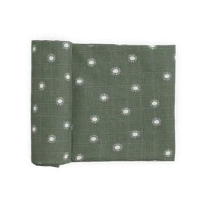 Little Unicorn Organic Cotton Muslin Swaddle - Sage Suns: Soft, breathable fabric with green grid and suns, ideal for swaddling.