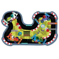 Load image into Gallery viewer, 80 Piece Puzzle by Floss and Rock: Vibrant race track with F1 cars, flags, and crowds cheering them on.
