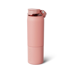 Rise 25oz, Guava: pink insulated travel tumbler with lid and raised Brumate logo.