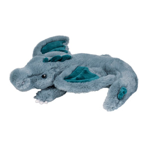 Obie Dragon: fluffy grayish blue dragon stuffed animal with teal wing & spike details.