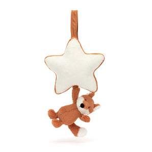 Jellycat Musical Pull Bashful Fox Cub hangs by one paw from a white star, playing music with a brown hanging loop.