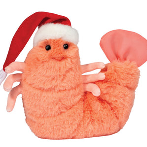 Salty Santa Shrimp: fluffy peach shrimp stuffed animal with red & white Santa hat.