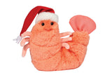 Salty Santa Shrimp: fluffy peach shrimp stuffed animal with red & white Santa hat.