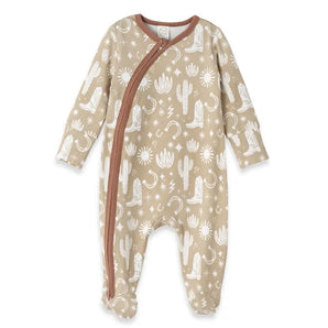 Tesa Babes Wild West Brown Romper is a beige onesie with cowboy patterns, hypoallergenic bamboo cotton blend, and a diagonal zipper.
