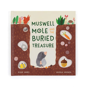 Jellycat, Muswell Mole and the Buried Treasure: a children's book with animal, plant, and underground object illustrations.