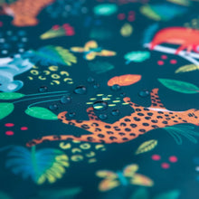 Load image into Gallery viewer, Close-up of water droplets on Bumkins Reusable Snack Bag, Large 2-Pack: Jungle &amp; Animal Prints.
