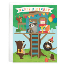 Load image into Gallery viewer, Birthday Card, Treehouse Party: card with birthday woodland critters in a treehouse with text "Happy Birthday" and white envelope.
