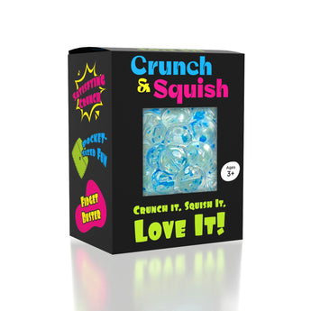 Showcase Crunch & Squish: black box with blue sensory fidget balls—fun, pocket stress relief for ages 3+.
