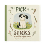 Jellycat's The Pick of the Sticks Book features Patchly Puppy on the cover, surrounded by sticks.