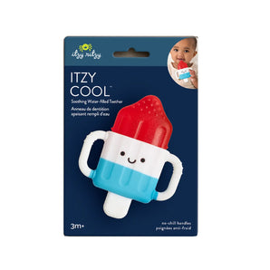 Itzy Ritzy’s Itzy Cool teether, shaped like a cute popsicle, soothes gums and comes in baby-friendly packaging with a child holding it.