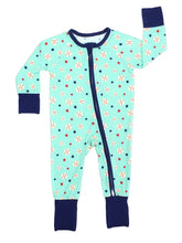 Load image into Gallery viewer, Emerson and Friends Sleeper, Baseball Buddies: mint green bamboo onesie with baseball/star print and navy trim/cuffs.
