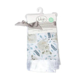Pack of two Lulujo Inc. Security Blankets, Koala design with satin edges, tied with a gray ribbon on a white background.