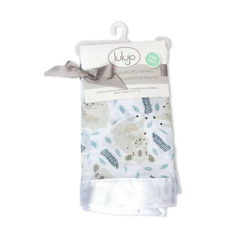 Pack of two Lulujo Inc. Security Blankets, Koala design with satin edges, tied with a gray ribbon on a white background.
