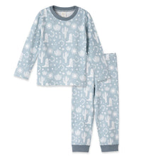 Load image into Gallery viewer, Tesa Babes PJs, Wild West Blue features a white cactus pattern set against a blue backdrop with ultra-soft bamboo blend fabric.
