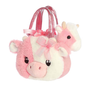 Aurora Strawberry Cow Purse: plush pink & white, bow, sparkly handles, cute embroidered eyes, part of the Fancy Pals collection.