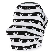 Load image into Gallery viewer, The Milk Snob Mickey Mouse cover features stripes and mouse ears, ideal for nursing and as a car seat cover.
