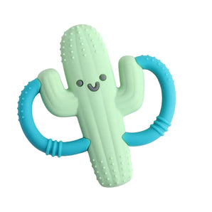 Itzy Ritzy's Chew Crew Cactus: a mint green BPA-free teether with a smiley face and two blue textured handles for little hands.