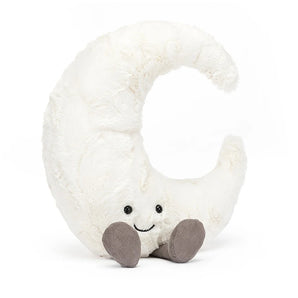 Jellycat Amuseable Moon Large: a plush crescent moon with gray corduroy feet, perfect for cuddles.