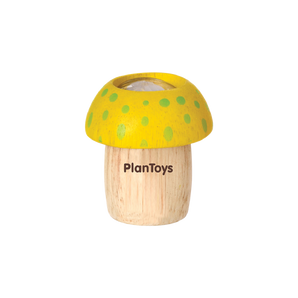 PlanToys Mushroom Kaleidoscope: a sustainable wooden toy with a yellow cap and green dots, fostering creative thinking.