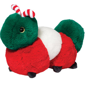 Christmas Caterpillar: fluffy green, white, & red caterpillar stuffed animal with red & white striped antennae. 