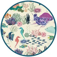 Load image into Gallery viewer, The Emerson and Friends Reversible Bucket Hat, Coral Reef, features colorful sea creatures and sun protection in a fun circular print.
