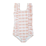 One Piece Swimsuit, Pink Gingham: pink & white gingham print one piece swimsuit with ruffle sides.