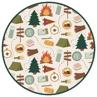 Round swatch of Sleeper, Camp Emerson camping themed pattern.