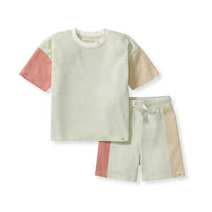 Tee & Short Set, Color Blocked: peach, pale green, & tan color block short sleeve shirt & matching shorts; made of 100% organic cotton.
