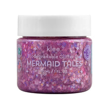 Load image into Gallery viewer, Jar of Klee Naturals Biodegradable Glitter Gel in Mermaid Tales, 30ml, with ocean-safe pink and purple sparkles.
